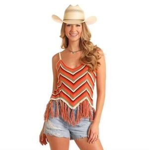 Rock & Roll Denim Women's XL Knit Tank with Fringe Top Camisole Burnt Orange